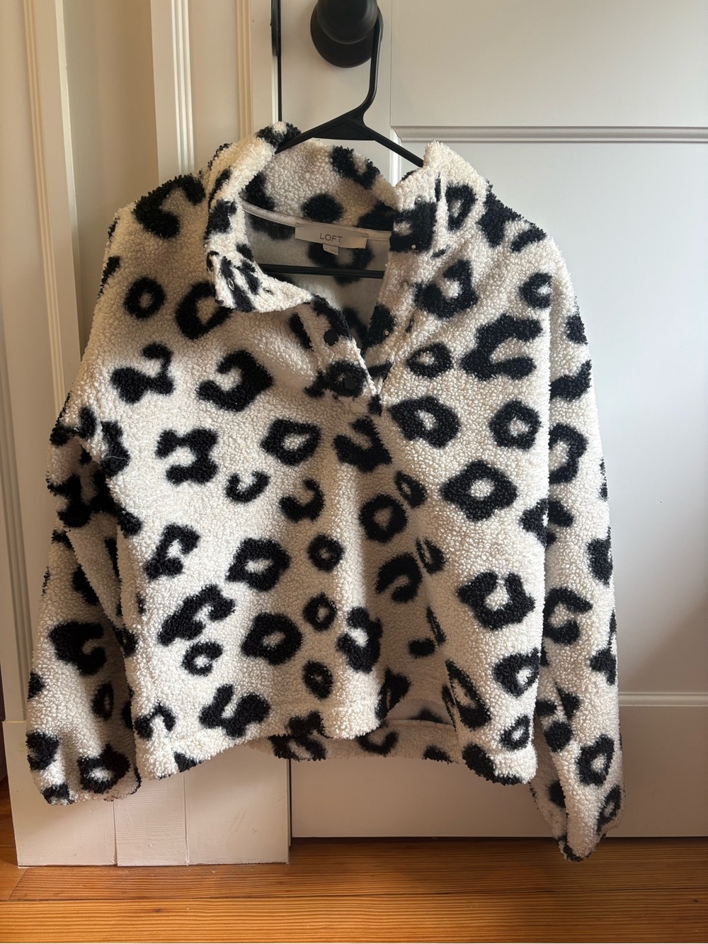 LOFT Black & White Leopard Sherpa Quarter-Button Pullover